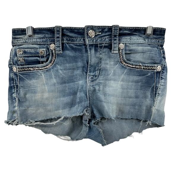 Miss Me Pants - Miss Me Denim Shorts Cutoff Mid Rise Fleur de Lis Embroidered Rhinestone Blue 28
